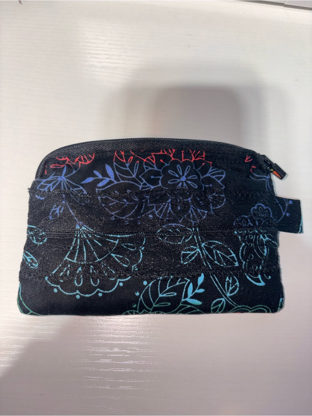 Black Floral Zip Cosmetic Pouch with Multicolor Accents